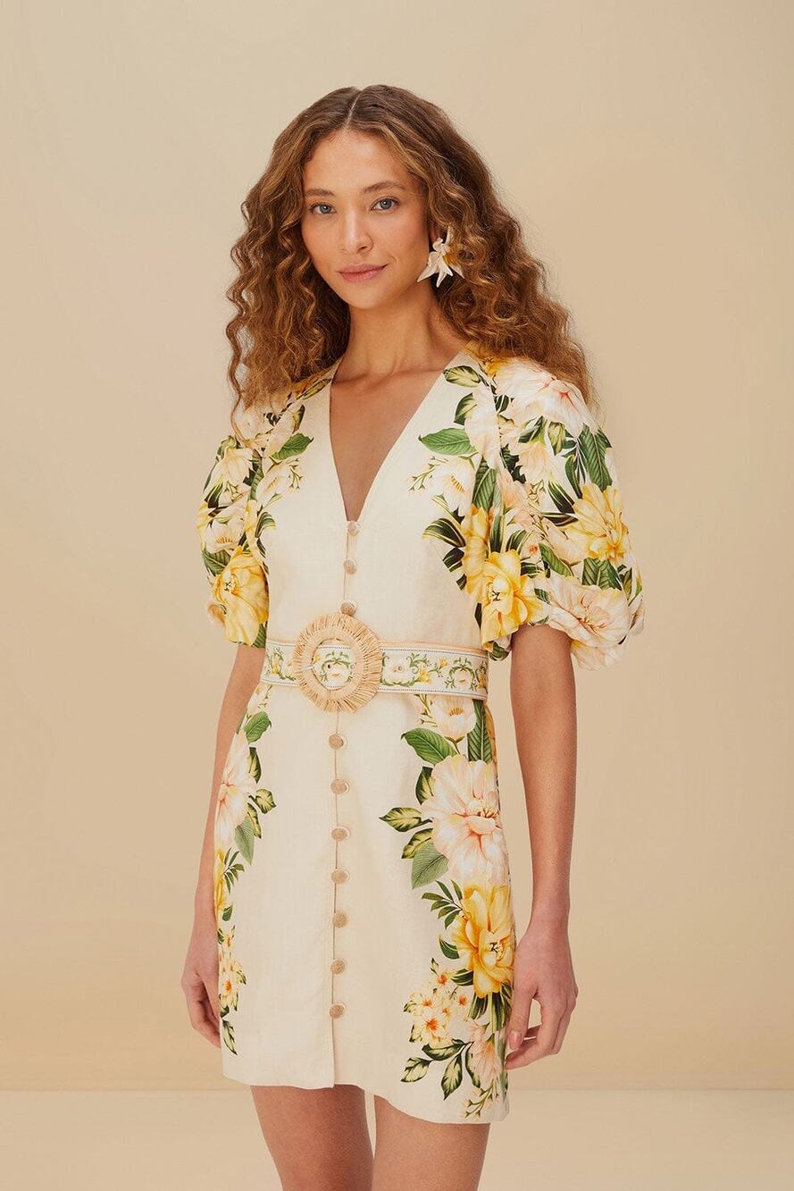 NWT Farm Rio Sand Garden Cascade Mini Dress Linen Puff Sleeve Short XS 0 2